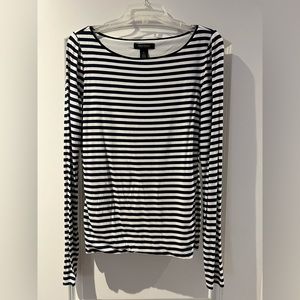 WHBM Long Sleeve Navy Blue and White Stripe Top With Slits on Side - Size Medium